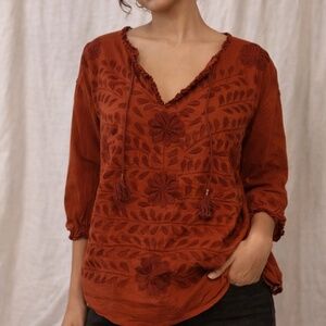 Hand-Dyed Embroidered Top with Crochet Details Rust M/L
